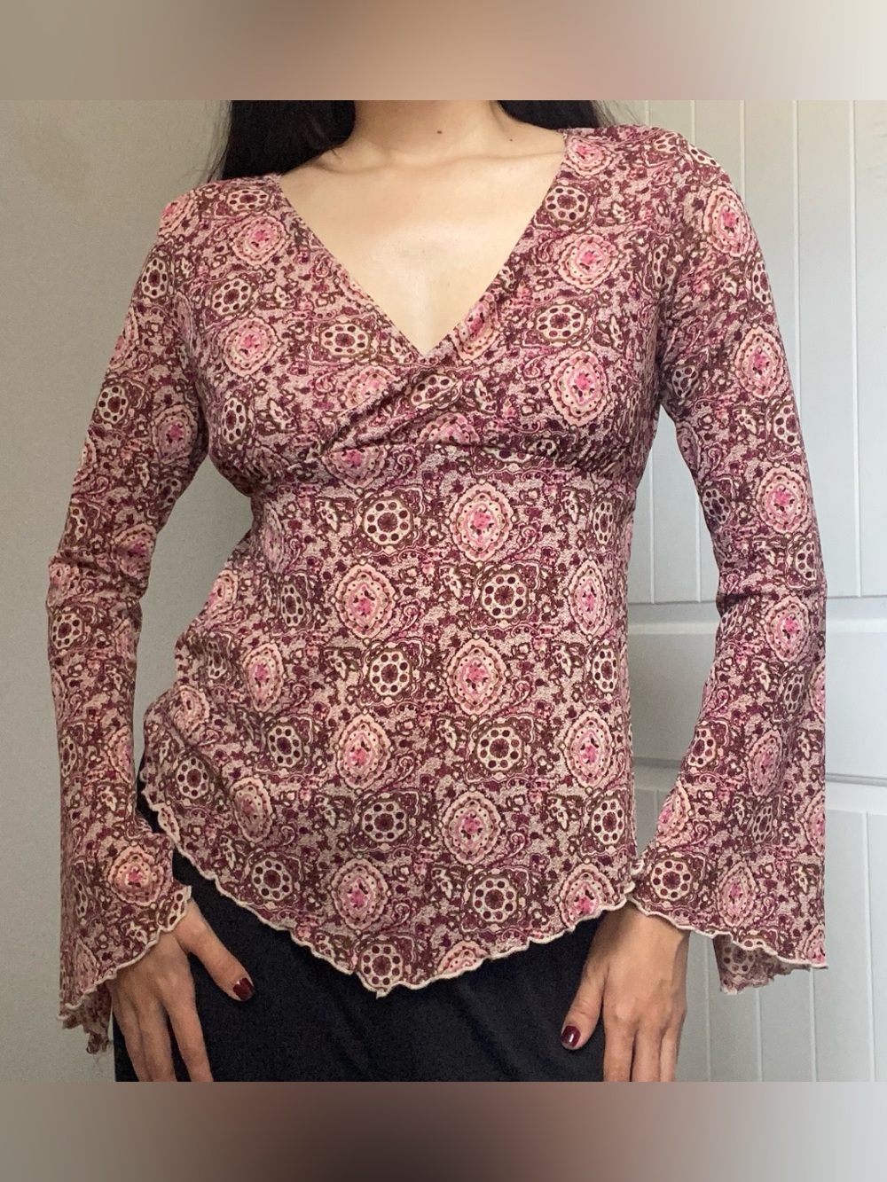 Vintage Y2K Floral Babydoll V-Neck Bell Sleeve Boho Fairy Hippie